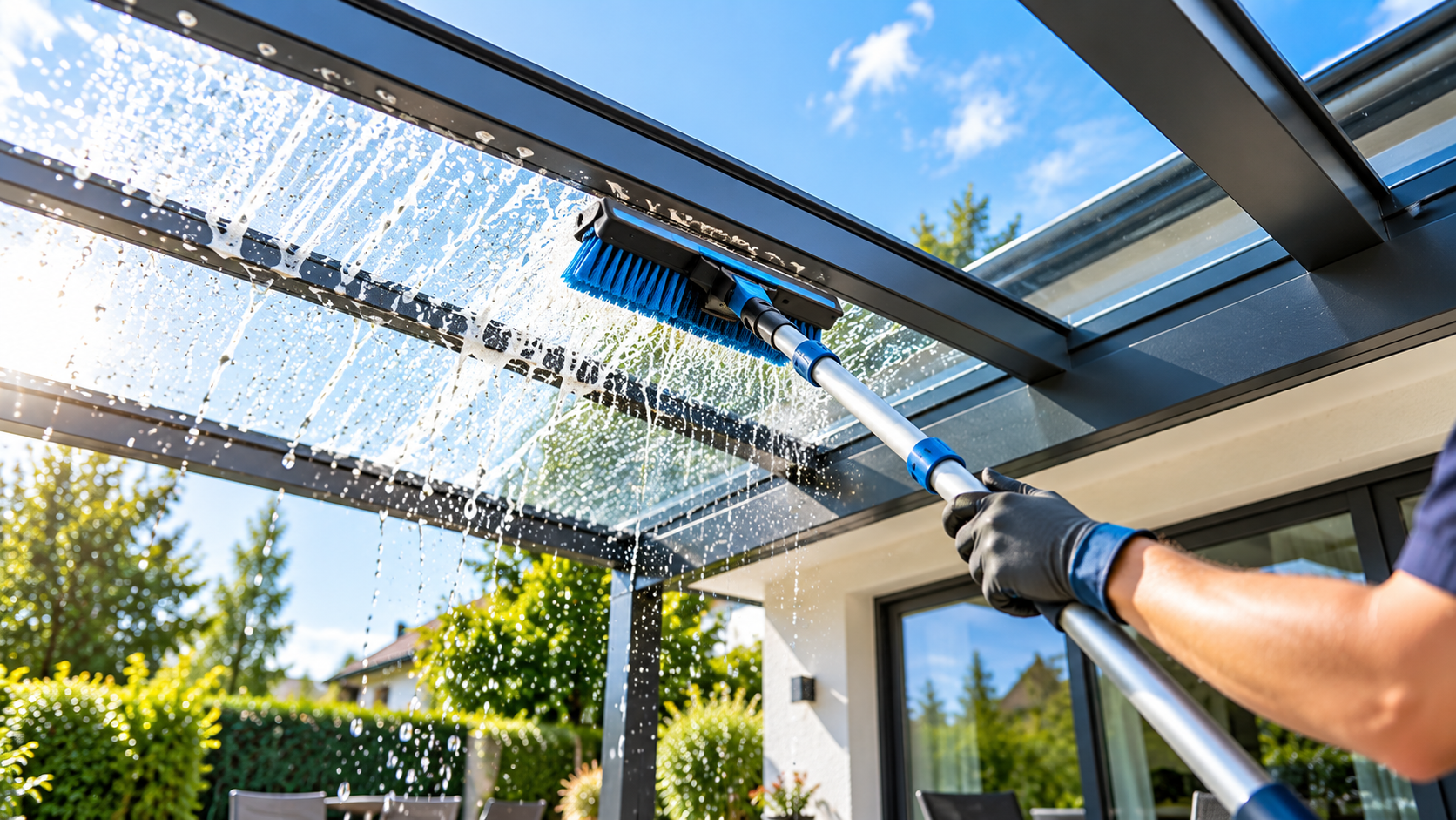 Professionelle Reinigung einer Terrassenüberdachung